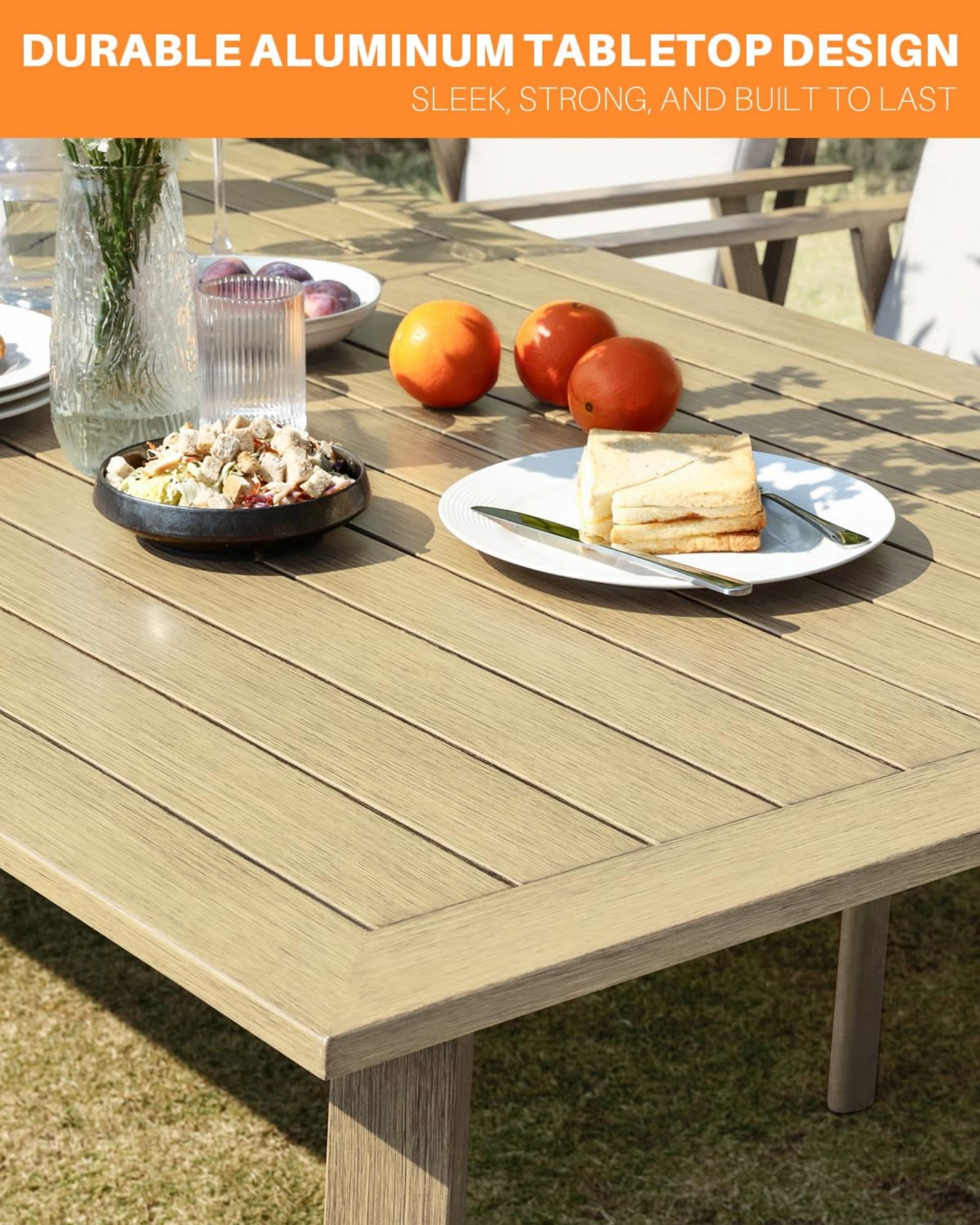 Outdoor Patio Dining Table for 8, Aluminum Outdoor Dining Table with Umbrella Hole, All Weather Patio Table for Garden, Deck, Porch, Lawn, Backyard Furniture, Natural