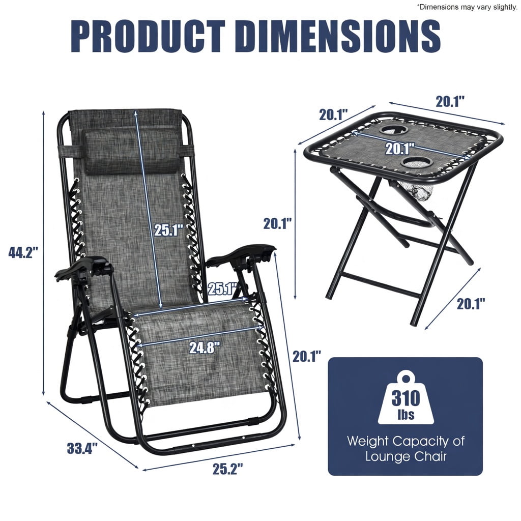 Hommoo 3-Piece Foldable Zero Gravity Lounge Chair Set with Portable Table, Steel Frame, Textilene Fabric, Outdoor Patio, Beach & Deck Recliners, Gray