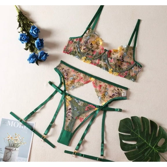 Green Lingerie Set Floral Embroidered