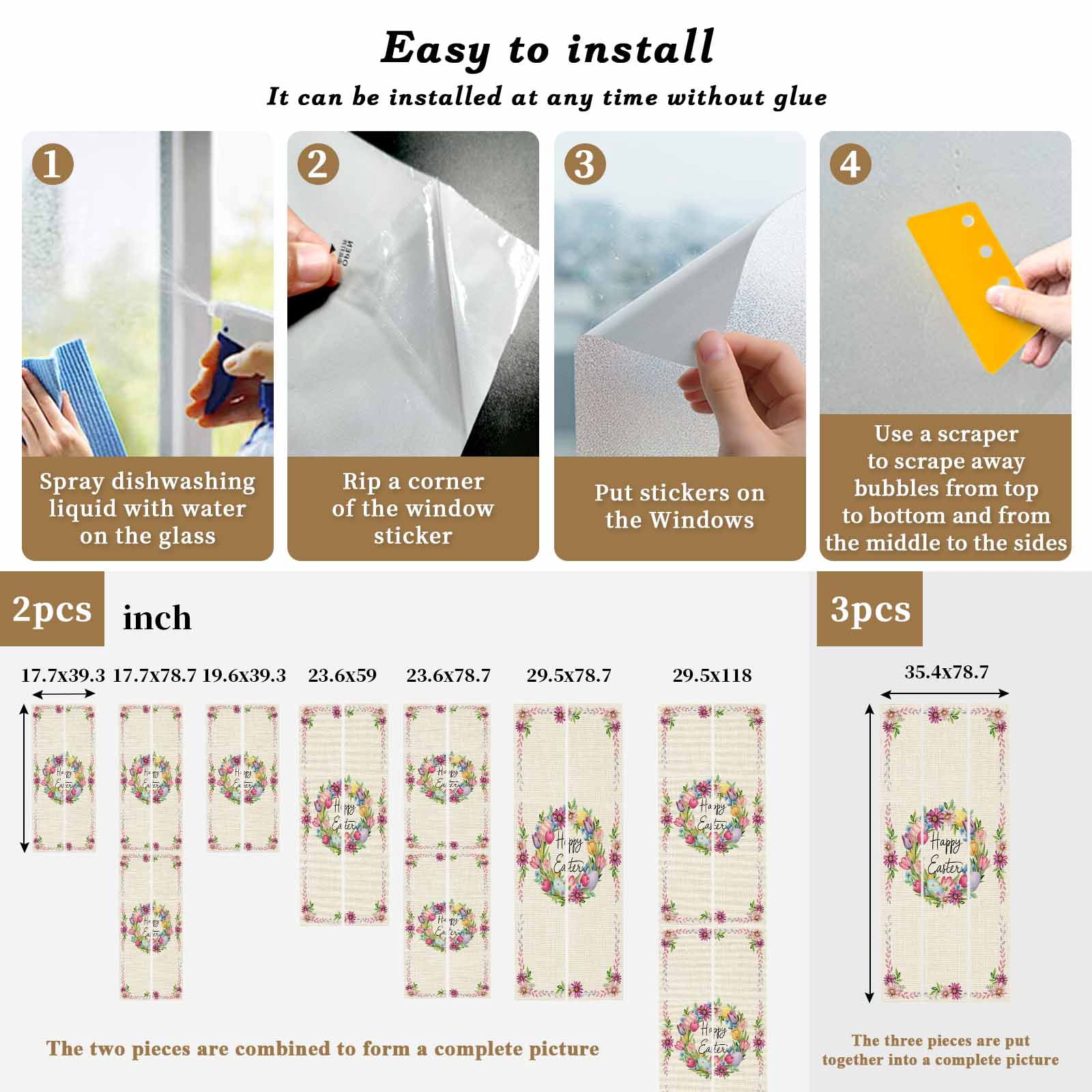 Flower Window Privacy Film, Floral Ring Pink Daisy Tulips Color Egg Spring Linen Texture Frosted Glass Window Clings Static Cling Heat Blocking Reusable Door Sticker for Bedroom 35.4x78.7 Inch