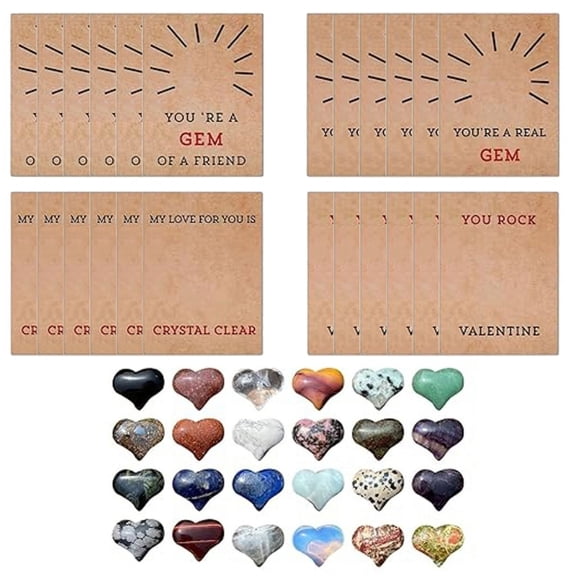 ZPAQI 24pack Valentines Heart Shape Crystal Stone with Cards Valentine Exchange Gift