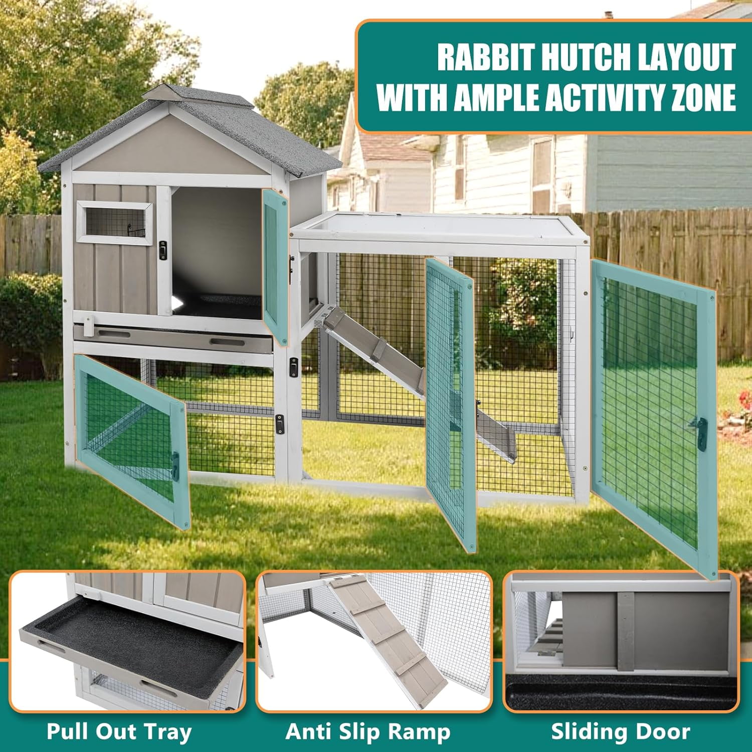 Gowoodhut Rabbit Hutch Indoor 2-Story Bunny Cage Outdoor with Run for Small Animals, Gray