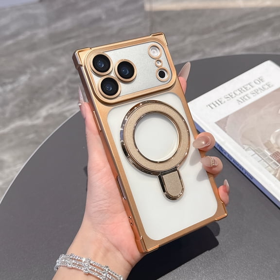 Magnetic Case For iPhone 17 Pro Max Compatible with MagSafe, Heavy Duty Shockproof Military Grade Phone Cover with Built-in Camera Protector & Ring Kickstand, Slim Fit Protective Case,Gold