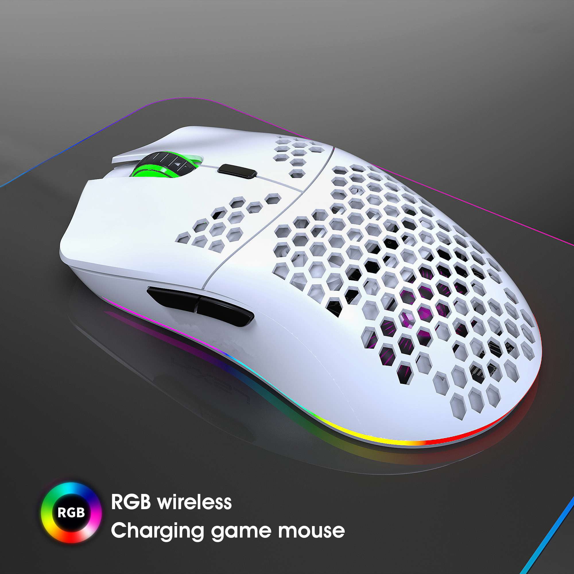 Hexamurby Ultralight Wireless Gaming Mouse,6 Kinds RGB Backlit,5 Levels Adjustable,Lightweight Honeycomb Shell Mice for PC Gamers(White)
