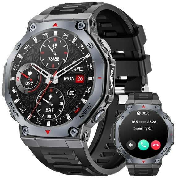 Haulvean 1.43-inch AMOLED Military Smart Watch for Men, Outdoor Sports Fitness Tracker Watch, with Answer/Make Calls/100 Sports Modes, fits for Android and Iphone Devices (Black)