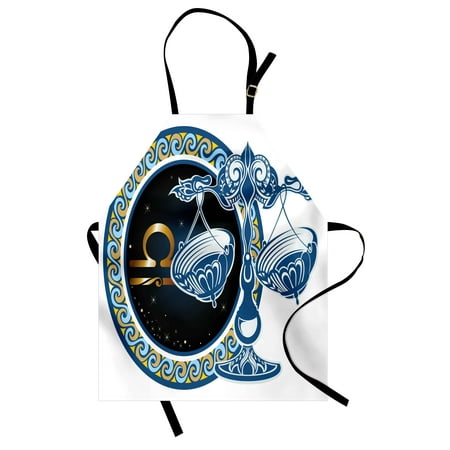 - Zodiac Apron Historical Astronomy Icon Sign Libra Pattern with Wheel and Scales Planetary Image, Unisex Kitchen Bib Apron with Adjustable Neck for Cooking Baking Gardening, Blue Gold, by Ambesonne