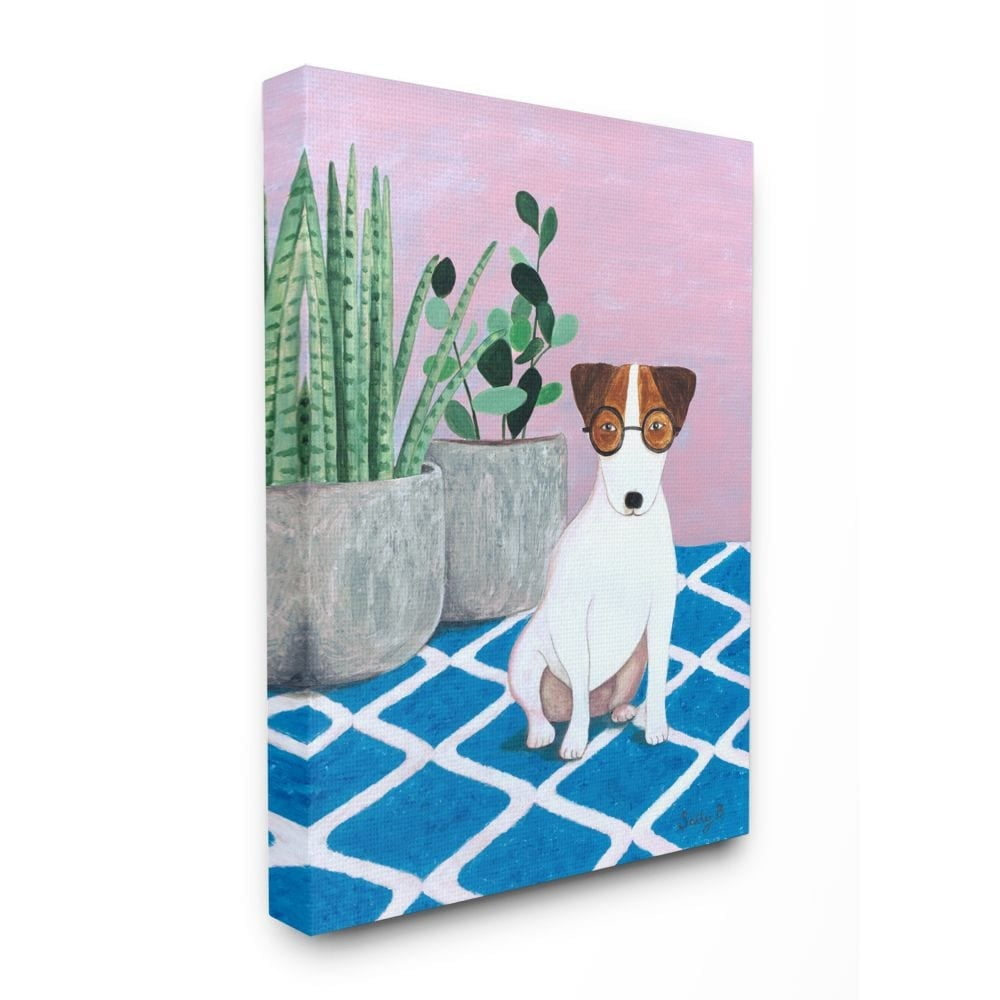 Stupell Home Décor Dog with Plants Pink Blue Pet Painting Canvas Wall Art by Sally B
