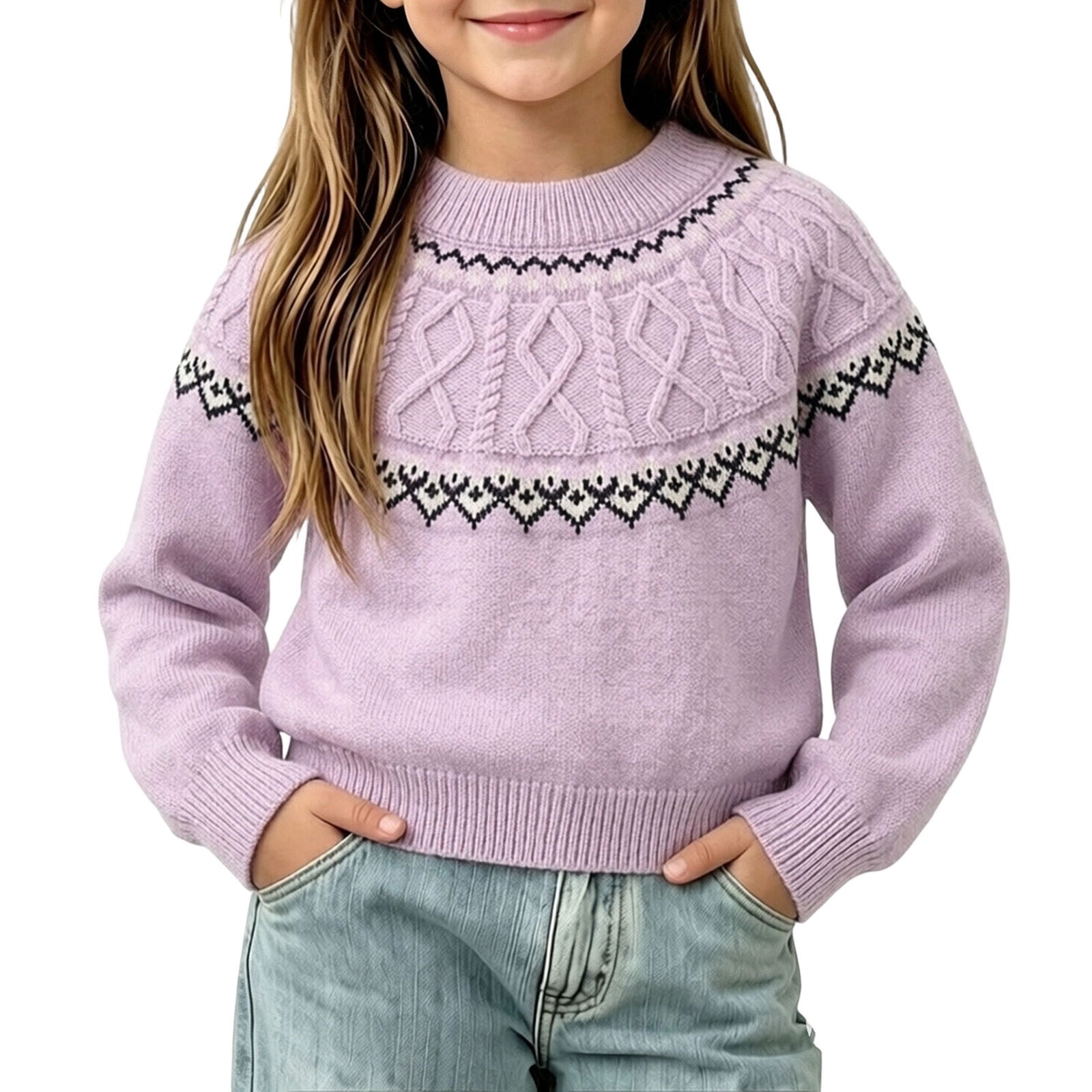 SERTGUTR Girls Fair Isle Sweater Crew Neck Long Sleeve Cable Knit Pullover Ribbed Trim Cozy Vintage Patterned Everyday School Winter Pullover