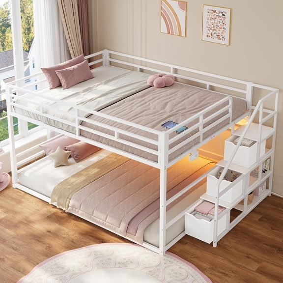 Afuhokles Low Bunk Bed Full Over Full with Storage Staircase, Drawers and Shelves, LED Lights Metal Floor Bunk with Power Outlet, White