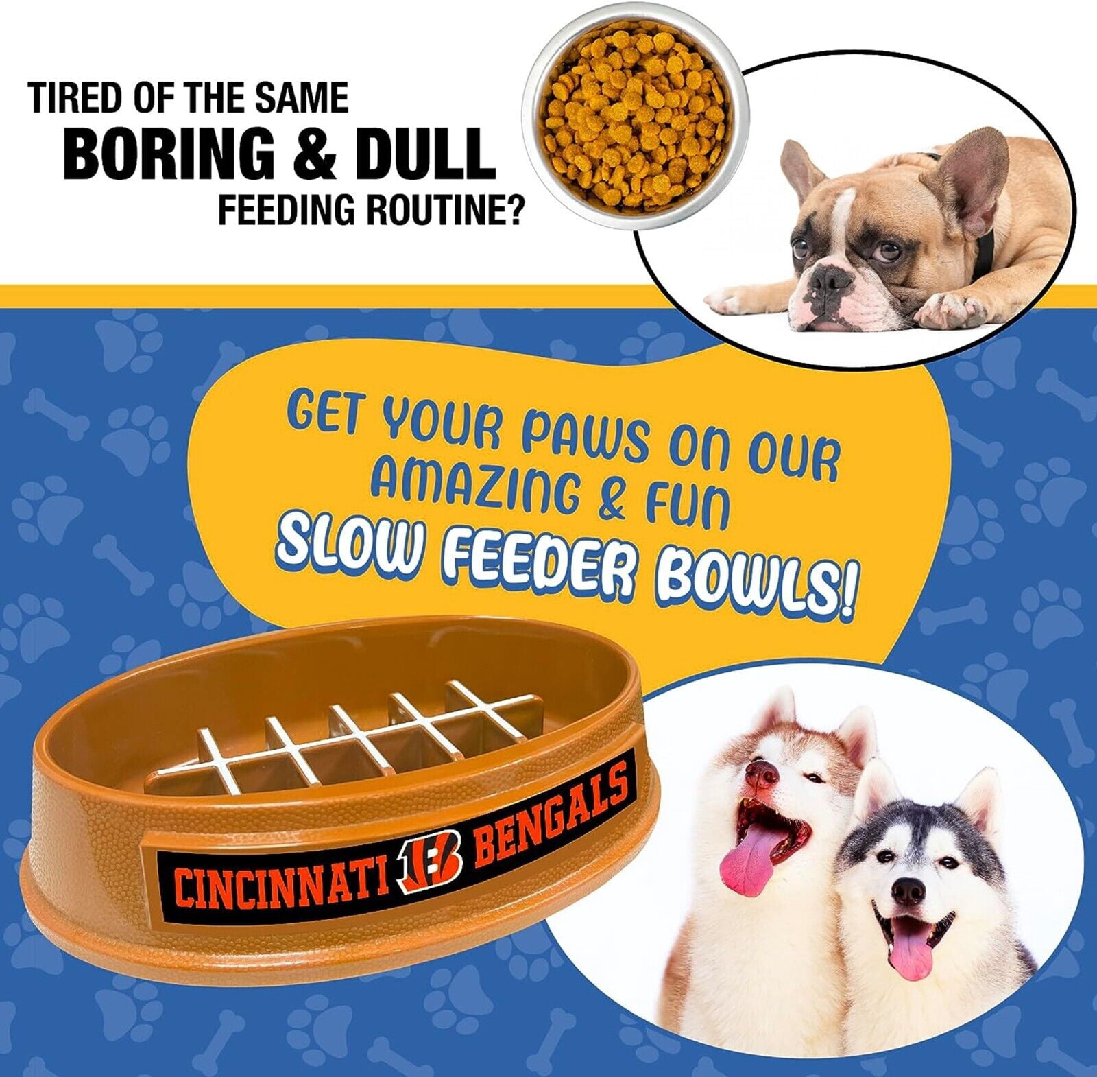 Pets First NFL Cincinnati Bengals Super-Bowl Slow Feeder Bowl for Dogs and Cats, Football Design for Healthy Digestion, Non-Slip, for Large & Small Pet