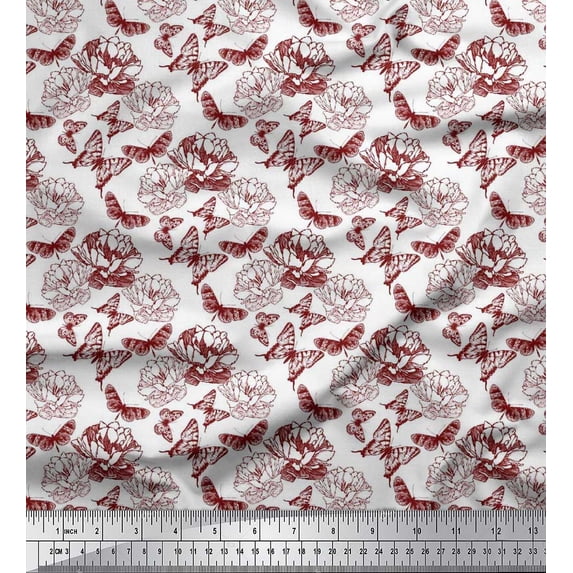 Soimoi Satin Silk Fabric Butterfly & Peony Floral Decor Fabric Printed Yard 42 Inch Wide