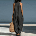 thumbnail image 4 of JULMCOMO Cotton Linen Jumpsuits for Women Collared Sleeveless Loose Fit Overalls Halter Eyelet Detail Casual Harem Pants with Pockets Black XL, 4 of 4