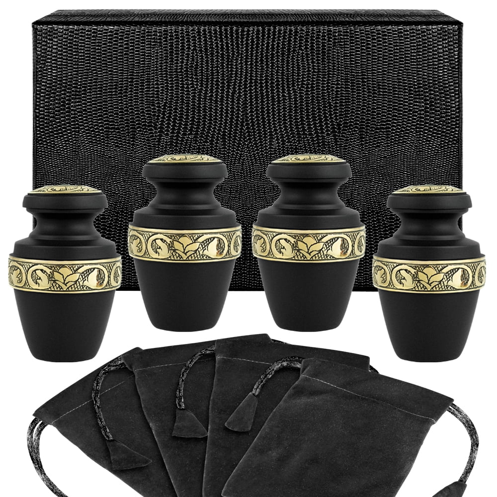 Bronze Cross Beautiful Small Mini Keepsake Urn for Human Ashes Set of 4 with Velvet Case and 4 Pouches Trupoint Memorials