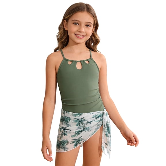 Shadoumai Girls One Piece Swimsuit 12-14 Trim Wrap Tie Back Girls Swimwear Tankini Quick Dry & Stretchy Tropical Print Ruffle Bathing Suit Tween Adjustable Straps Padded Swimwear with Cover Up Pants