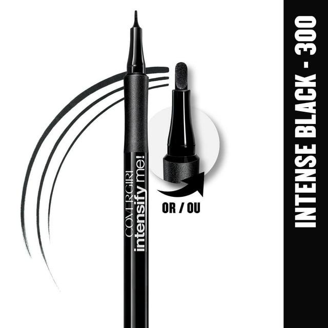 COVERGIRL Intensify Me! eyeliner in intense black - 300, showing a dual-ended design with a micro-fine tip for precise liquid eyeliner application and a paddle tip for thick or thin lines, with black eyeliner strokes on a white background.