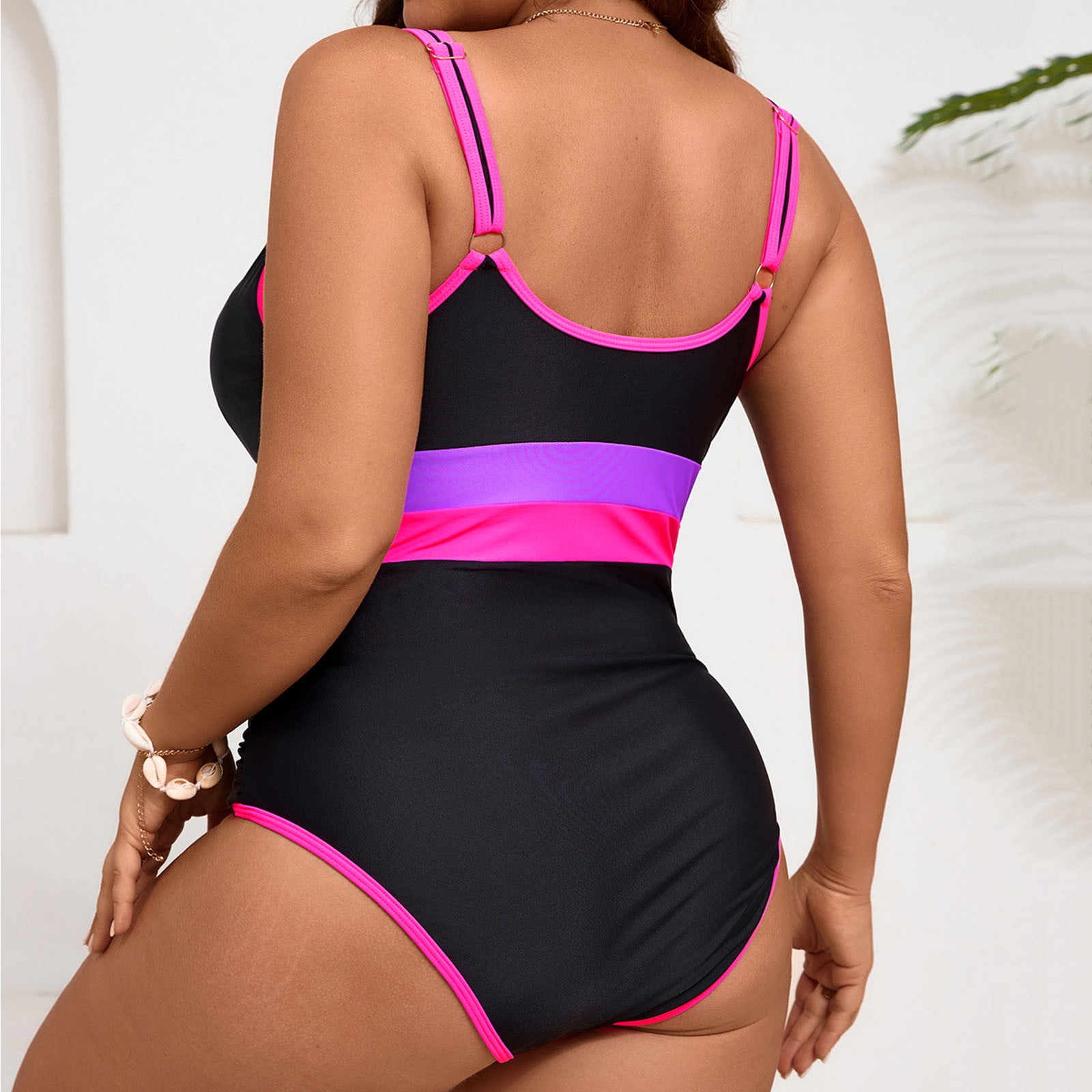 Ayolanni Plus Size Swim Suits for Women Tummy Control Neon Pink Colorblock High Cut Swimwear Swimsuit Tops for Women L