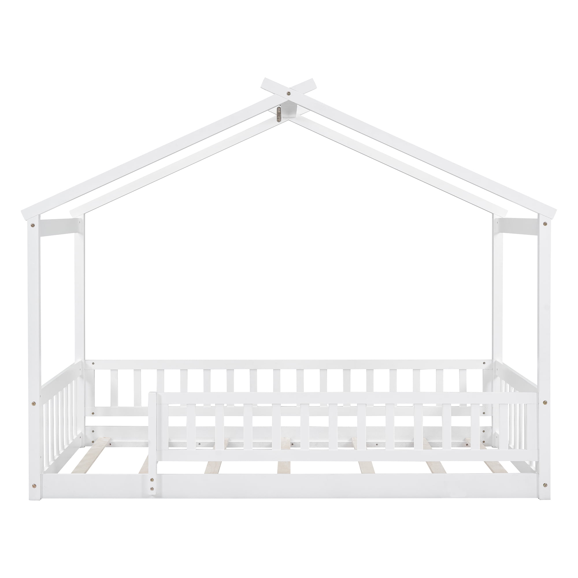 Twin Size Floor Bed with Fence Railings,Wooden Montessori House Bed Frame with Roof Design and Fence Guardrails,Playhouse Bed Low Bed Frame for Girls Boys Bedroom,Easy Assemble,White