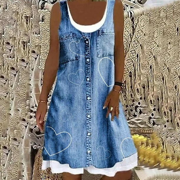 WILLBEST Vestidos de Algodon para Mujer Vestidos para Mujer Verano Playa Primavera Rayas Estampado Lindo Vestido sin Mangas Casual Cuello Redondo Vestido Suelto de Tirantes Extra Grande
