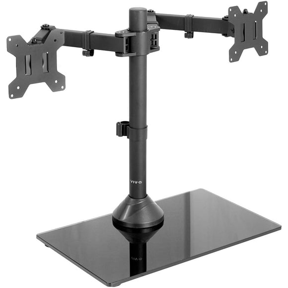 Black Dual Monitor Stand Adjustable Mount with Freestanding Gl Base | fits 2 Screens up to 27inches