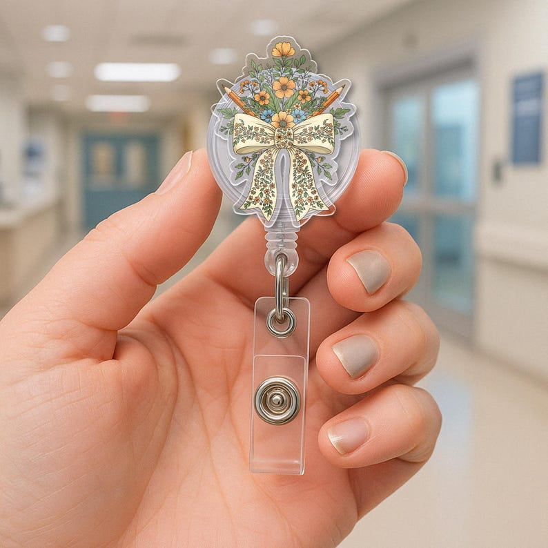 TiniDecor Floral Bow Badge Reel, Elegant Daisy Bouquet Retractable ID Holder, Cute Gift for Nurses & Teachers