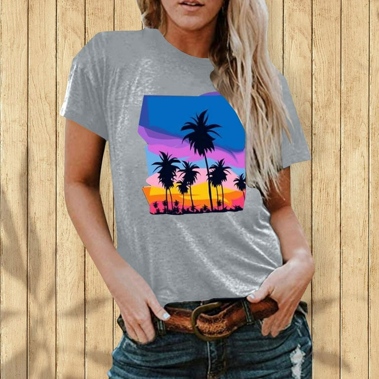 JWZUY Summer Deals Tee Shirts Hawaii Landcaped Tshirt Womens Short Sleeve  Blouse Crewneck Tunic Regular Fit Casual Trendy Elegant Tops Gray XL 