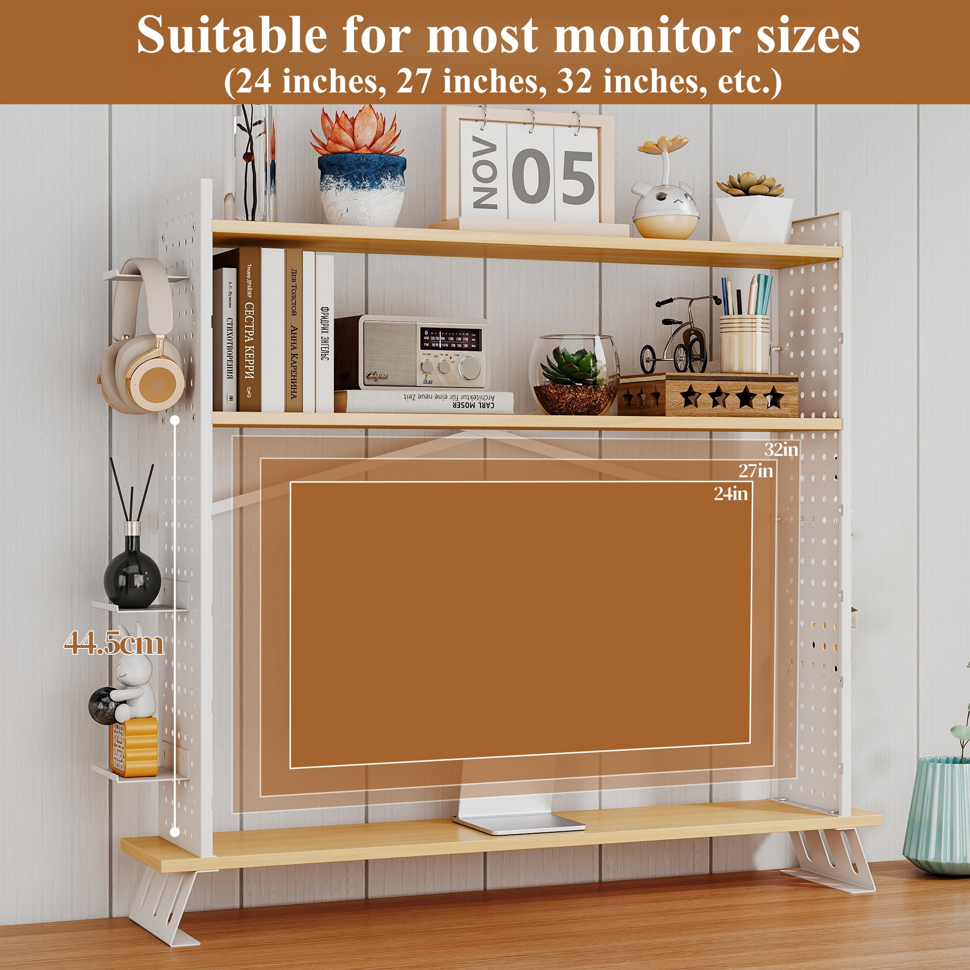 Gomok 2-in-1 Desktop Bookshelf, Adjustable 3-Tier Desk Shelf Bookcase Storage Rack with 3 Trays & 2 Grid Panels, White
