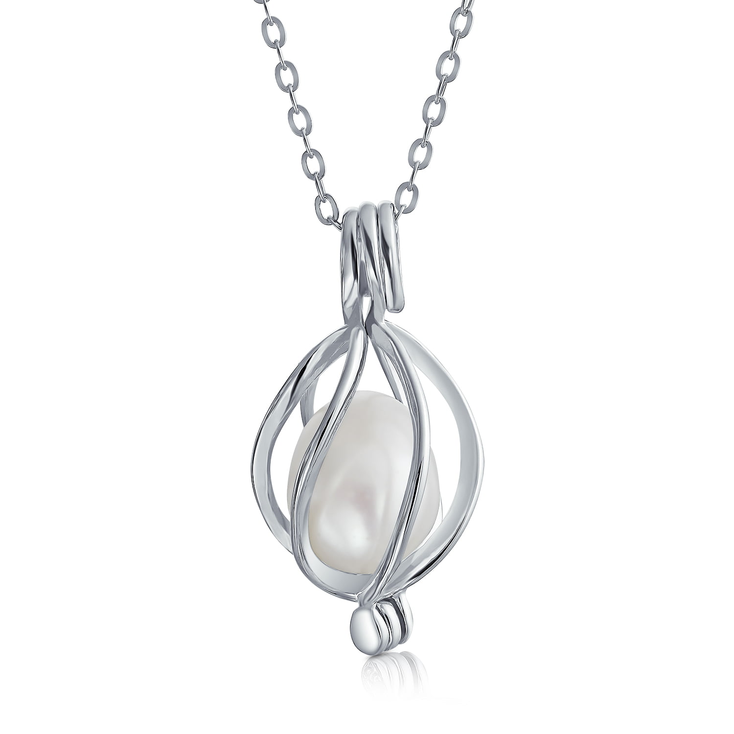 New Christmas Elves Silver Cage Pendant Akoya Oyster Pearl 20 Inches Chain
