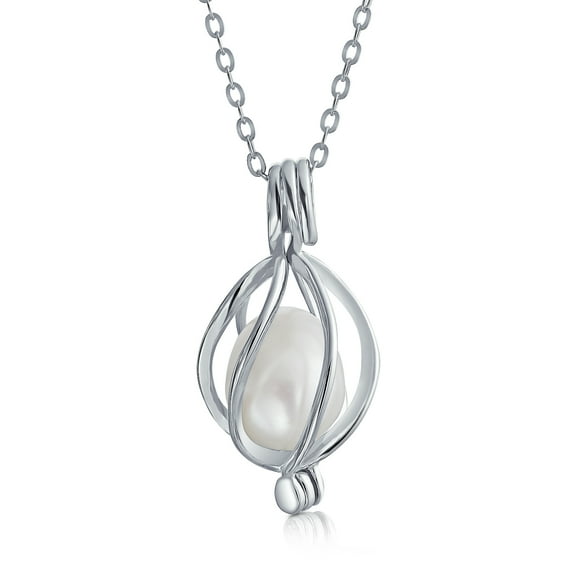 Bling Jewelry Womens Bridal Necklace Teardrop Pearl Birdcage Pendant in Sterling Silver for Weddings