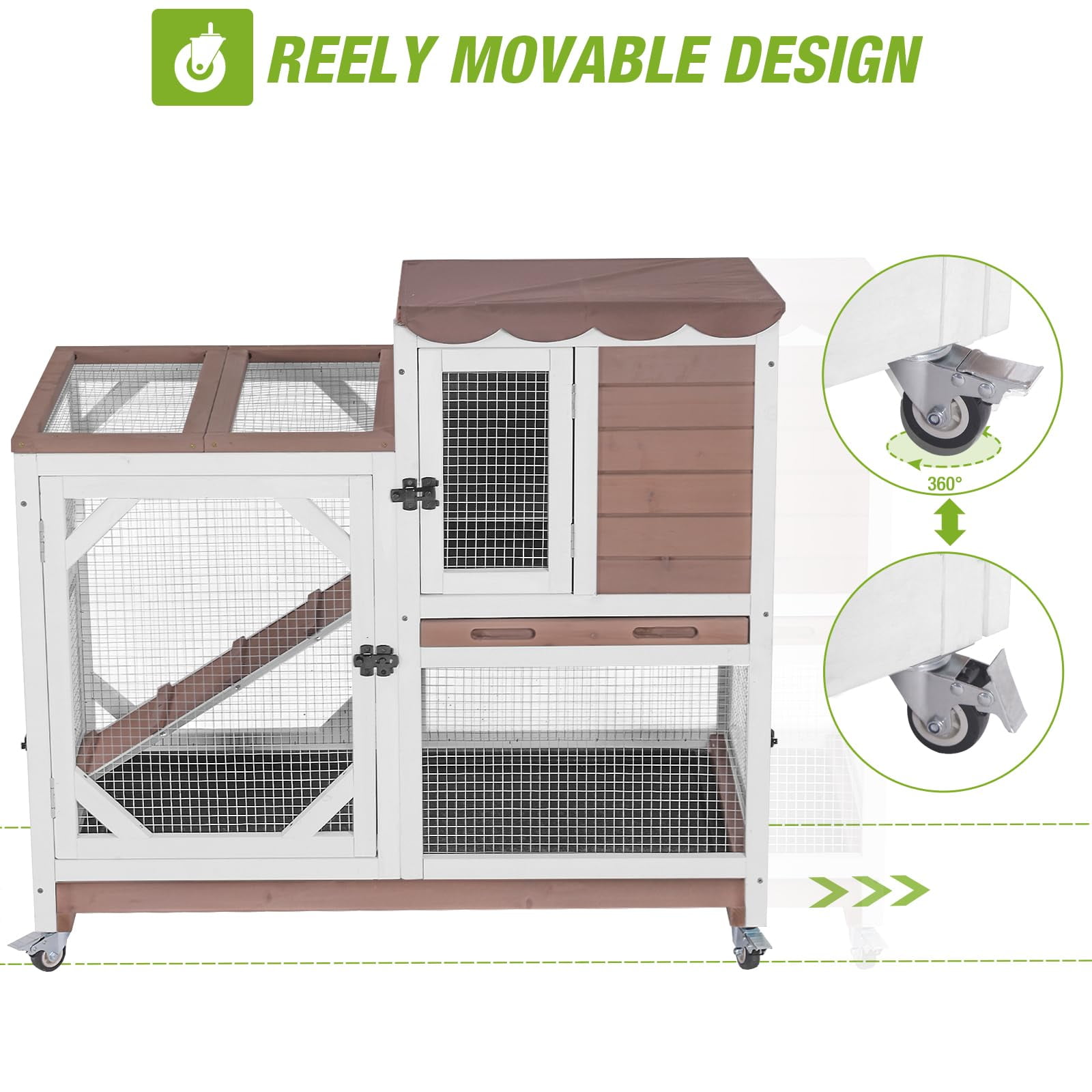 MEDEHOO 2-Story Rabbit Hutch with Chew-Proof Ramp & Pull-Out Trays - Indoor/Outdoor 39.3" Wooden Rabbit Cage on Wheels for Rabbits, Guinea Pigs