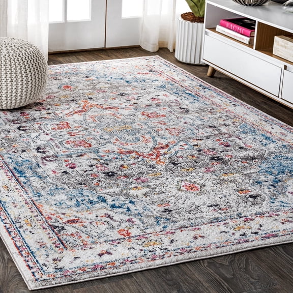 JONATHAN Y 5 x 8 Area Rug, Maras Vintage Medallion - Gray/Red/Turquoise, RES102A-5