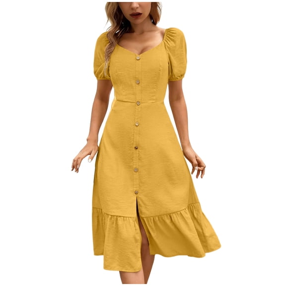 Dresses for Women Short Sleeve Scoop Neck Solid Color Summer Beach Dresses Casual Loose Tiered Ruffle Midi Dress