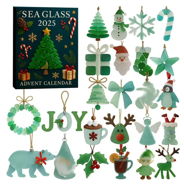 Hearth & Gear Sea Glass Descent Calendar featuring a 24-day ocean-style countdown with mini sea glass ornaments. The calendar includes unique, frosted sea glass designs shaped as Christmas-themed items like trees, snowmen, candy canes, and reindeer. Made from acrylic, the ornaments showcase a coastal aesthetic, perfect for holiday decor on mantels, garlands, or wreaths. The package includes a decorative box labeled 'Sea Glass 2025 Advent Calendar' with festive illustrations. Dimensions: 25x20x3cm, weight: 200g.