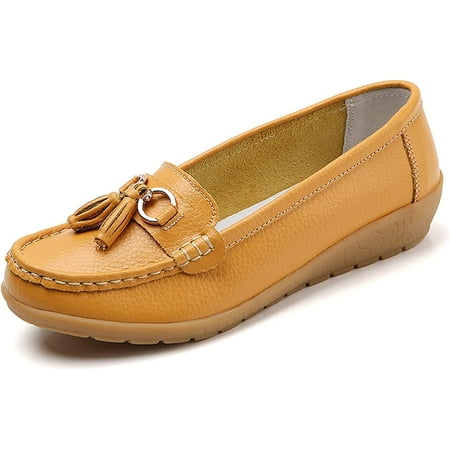

QWZNDZGR Women Loafers Leather Rubber Sole Slip On Walking Flats Casual Moccasin Boat Shoes