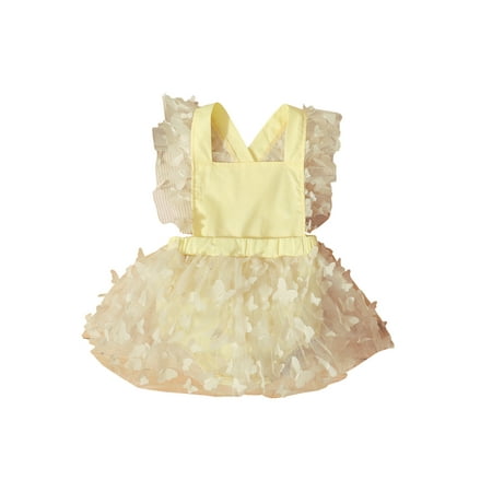 

Bagilaanoe Baby Girl Romper Butterfly Embellishment Sleeveless Square Neck Design Puffy Mesh Panel Hem Jumpsuit
