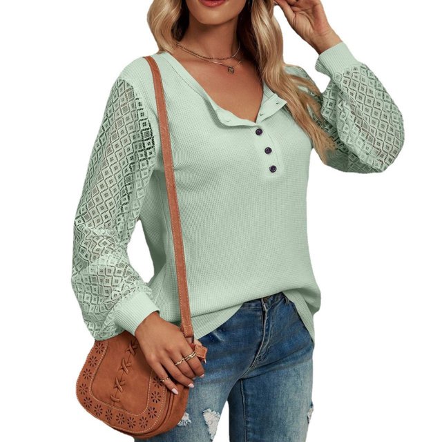 Camisas con costuras de encaje para mujer Camisas con cuello redondo y botones en la parte delantera Jersey cómodo de manga larga Verde guisante L