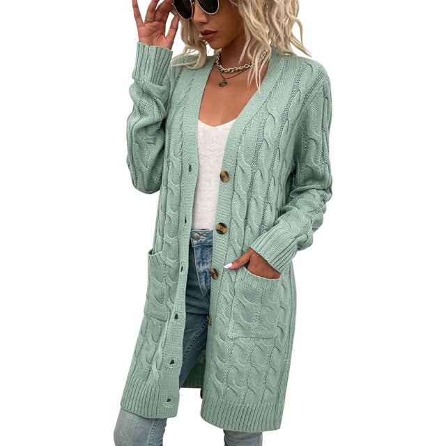 LAICAIW Womens Cardigan Long Sleeve Cable Knit Sweater Open Front Loose Outwear with Pocket