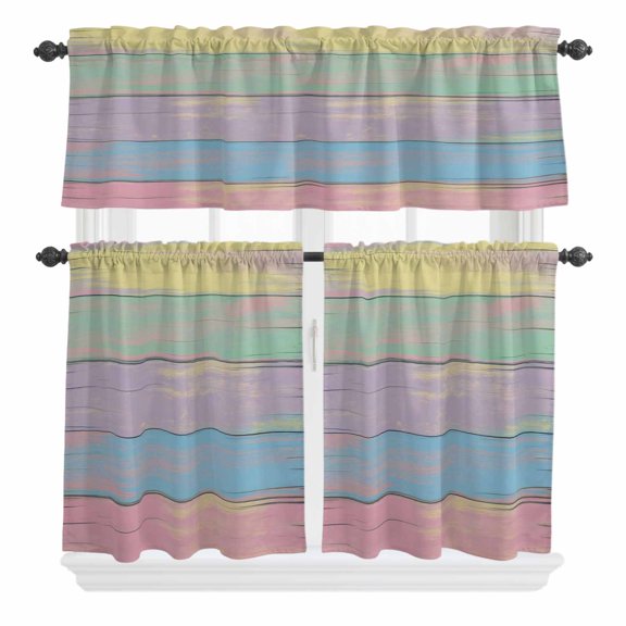 3 Piece Kitchen Curtains and Valances Set Easter Cafe Curtains 36 Inch Length Farmhouse Ombre Colorful Wooden Grain Retro Valance & Tier Curtain for Living Room Bedroom Small Window 54"x18" 27"x36"*2