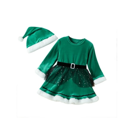 

Qiylii Baby Girl 2Pcs Christmas Dresses Outfits Long Sleeve Plush Trim Belted Dress + Santa Hat Fall Clothes 1-6Years