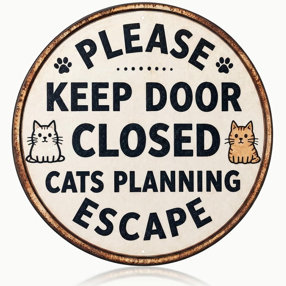 Cat Front Door Sign "Please Keep Door Closed - Cats Planning Escape" Aluminum Sign Humorous Art Metal Tin Sign for Home Office Room Wall Decor Gift 8 x 8 Inches