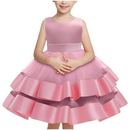 

Geire Summer Dresses for Girls 2024 Mesh Princess Dress Trendy Solid Sleeveless Crewneck Waist Hem Embroidery Puffy Dress & Hairband for 3-10 Years
