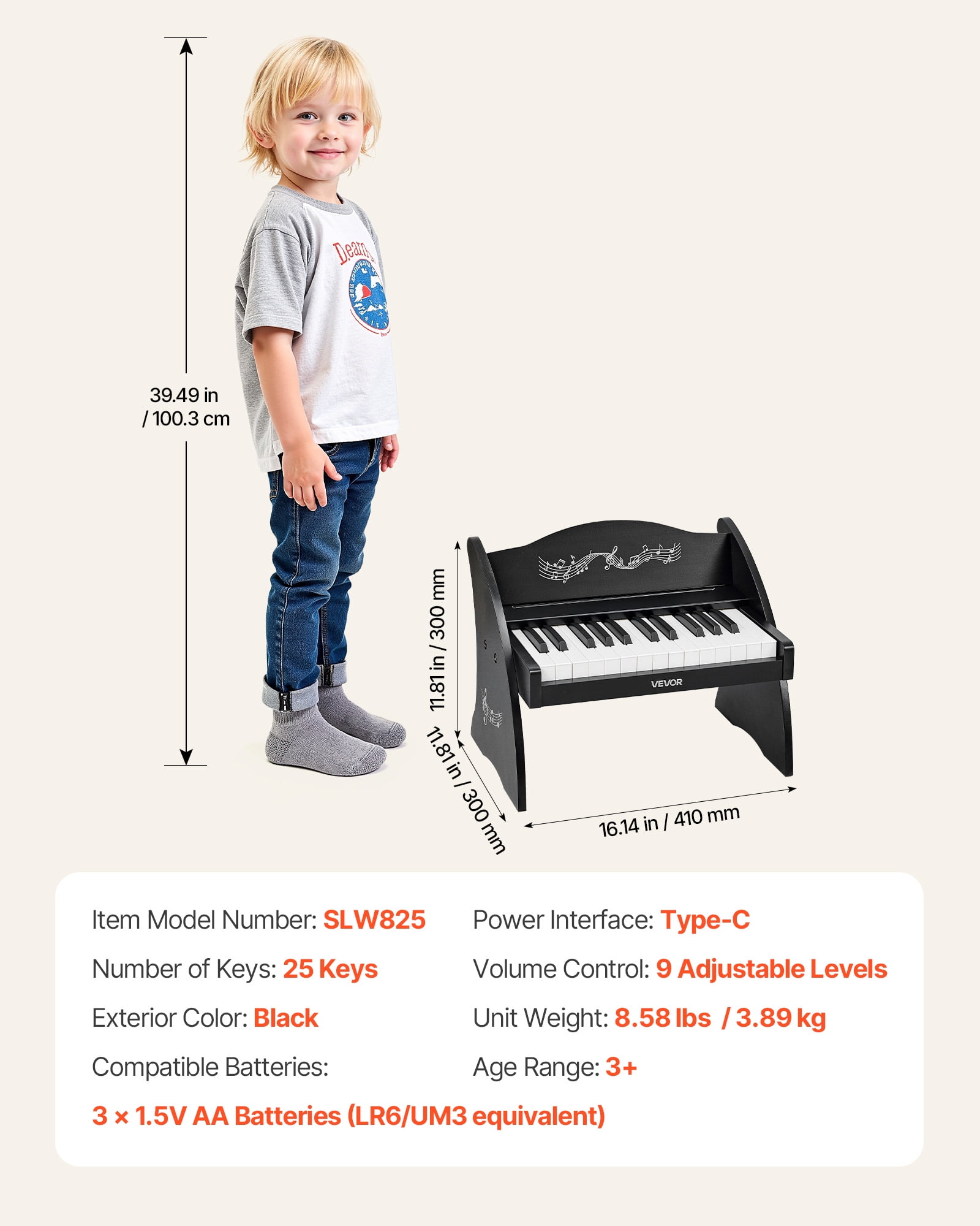 VEVOR Kids Piano Keyboard, 25 Keys Wooden Digital Piano for Kids, Mini Music Educational Instrument Toy with Realistic Sound, Dual Power, Adjustable Volume for Toddlers, Boys Girls Learning, Black