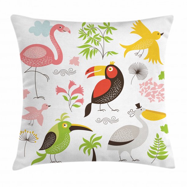 Birds Throw Pillow Cushion Cover, Tropical Themed Exotic Birds Alluring