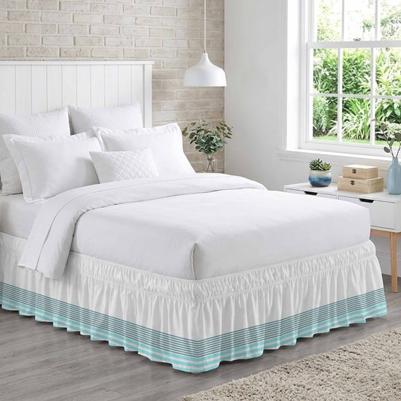 Turquoise Stripe Bed Skirt Queen Size 16" Drop Classic Style Adjustable & Elastic Wrap Around Bed Skirts Pleated Dust Ruffles
