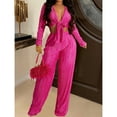 thumbnail image 2 of Women's 2 Piece Outfit Set - Sexy V Neck Wrap Tie Front Crop Top with Long Sleeves and Wide Leg Pants, 2 of 6
