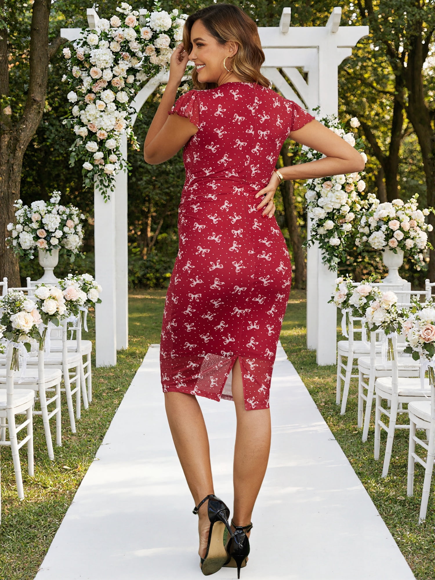DARING DIVA Women's Maternity Floral Bodycon Ruched Flutter Sleeve Dress M Dark Red Bow