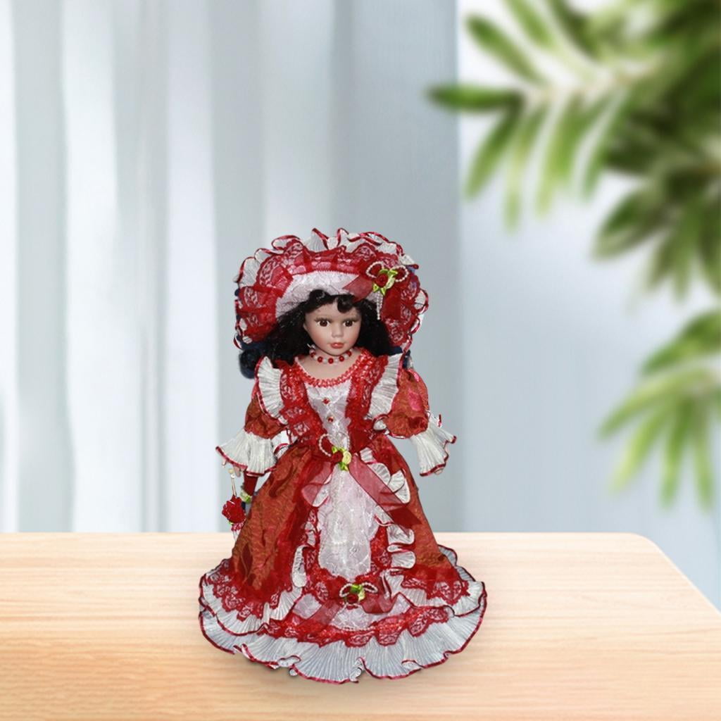 LeeQinersw 40cm Beautiful Curly Hair Collectible Ceramic Doll Dollhouse Lady with Dress for Red