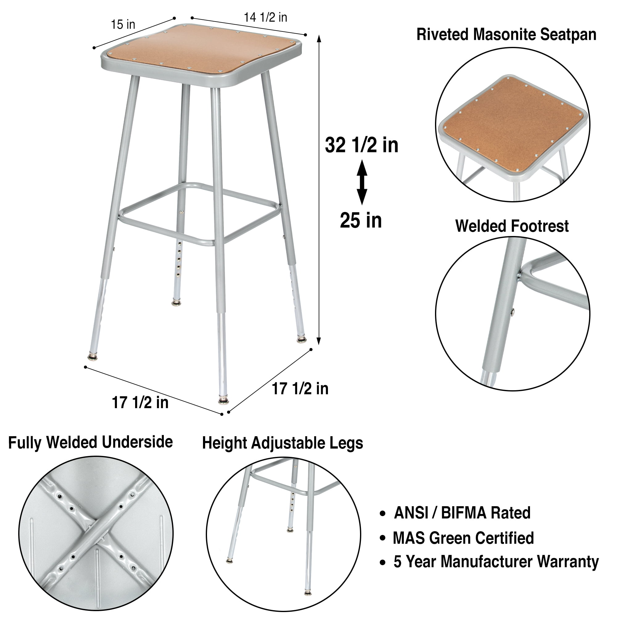 Hampden Furnishings Clint 25"-33" Masonite/Steel Square Science Stool, Grey, 2 Pack