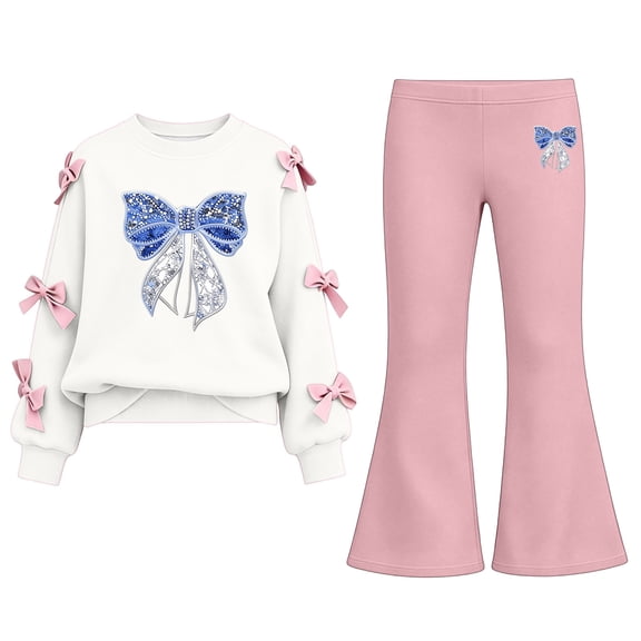 Iyufng Fall 2 Piece Sets for Girls, Bow Decor Top with Slightly Flared Pant Set, Girls Printed Tracksuits, Ages 5–15 Multiple Colors