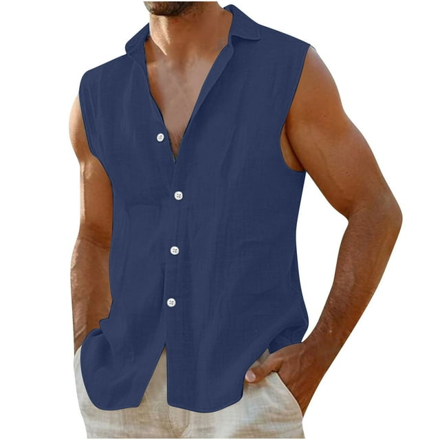 fheaev Débardeurs d'Entraînement pour Hommes en Coton Lin Boutons Cardigan Sans Manches Chemises de Musculation Chemises de Plage pour Musculation Gym Entraînement Physique Col Rabattu Tee-Shirts de Sport Vacances d'Été