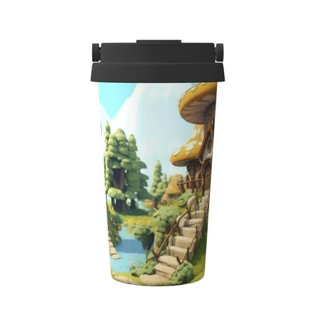 

Tebeau Cartoon Mushroom House Print Travel Coffee Mug Insulated Coffee Cup with Leakproof Lid Coffee Tumbler Reusable Coffee Cups with Seal Lid